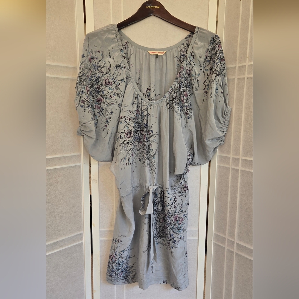 Rebecca Taylor Blue and Gray 100 % Silk Dress with 3/4 Bishop Sleeves